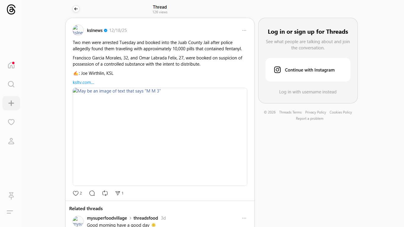 Two men were arrested Tuesday and booked into the Juab County Jail after police allegedly found them traveling with approximately 10,000 pills that contained fentanyl. Francisco Garcia Morales, 32, and Omar Labrada Felix, 27, were booked on suspicion of possession of a controlled substance with the intent to distribute. ✍️: Joe Wirthlin, KSL https://ksltv.com/?p=858980